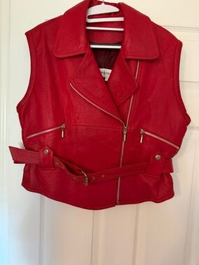 Bloomingdale’s Red Leather Moto Vest Medium Belted Zip Punk Biker Style